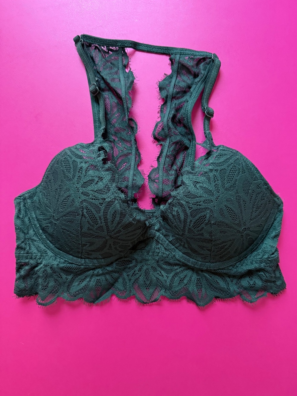 VICTORIA’S SECRET PINK Date Lightly Lined Bralette Padded Lace Forest Green XS
